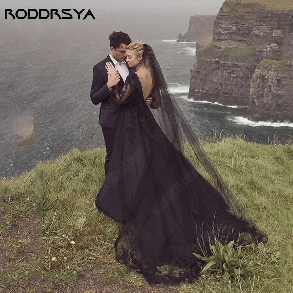 RODRSY Modern Black Abiti da sposa per le donne Doppio V-Neck Backless Abiti da sposRODDRSY abiti da sposa neri moderni per le donne doppio scollo a v Backless abiti da sposa pizzo Applqiue a-line vestido de noiva 2024