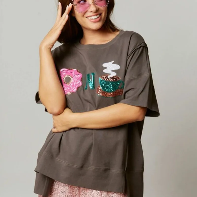 TSTCTB Summer Sequin Printing T-shirts for Women Short Sleeves Loose O Neck Irregular Patchwork Pullovers Fashion Party Blouses