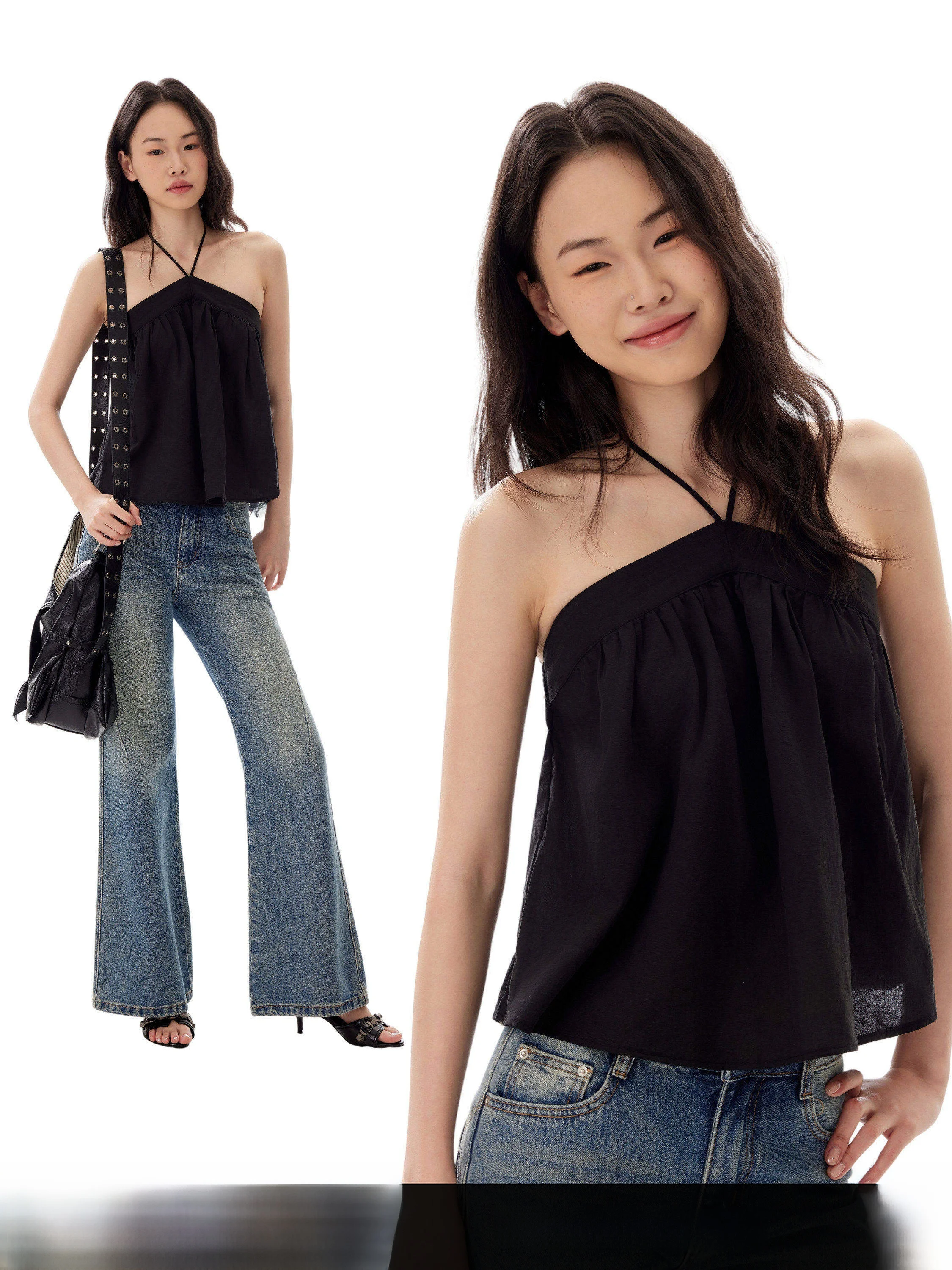 GOGO BURN American Style Black Halter Neck Strap Vest Women's Summer New Backless Sleeveless Top U-neck Slim Fit Short Length