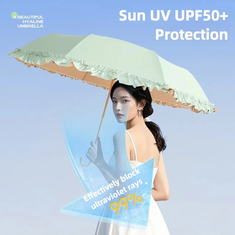Solid Color Lace Folding Curved Hook Umbrella, Color Glue Sun UV UPF50+ Protection, Women's Lightweight Portable Parasol