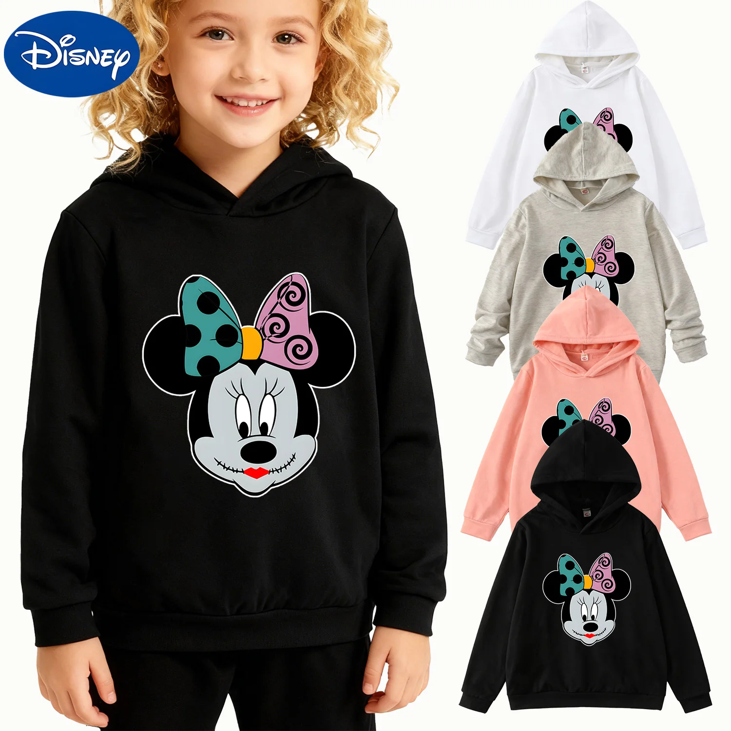

Детская толстовка с рисунком и бантом Disney Minnie Mouse, черный пуловер с длинными рукавами
