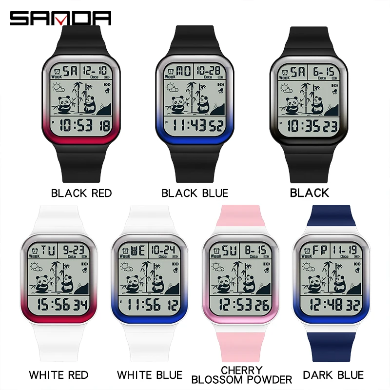 2023 Fashion Sanda Top Brand Gradient Electronic Outdoor Waterproof Panda Pattern Square Trend Men\'s And Women\'s Unisex Watches