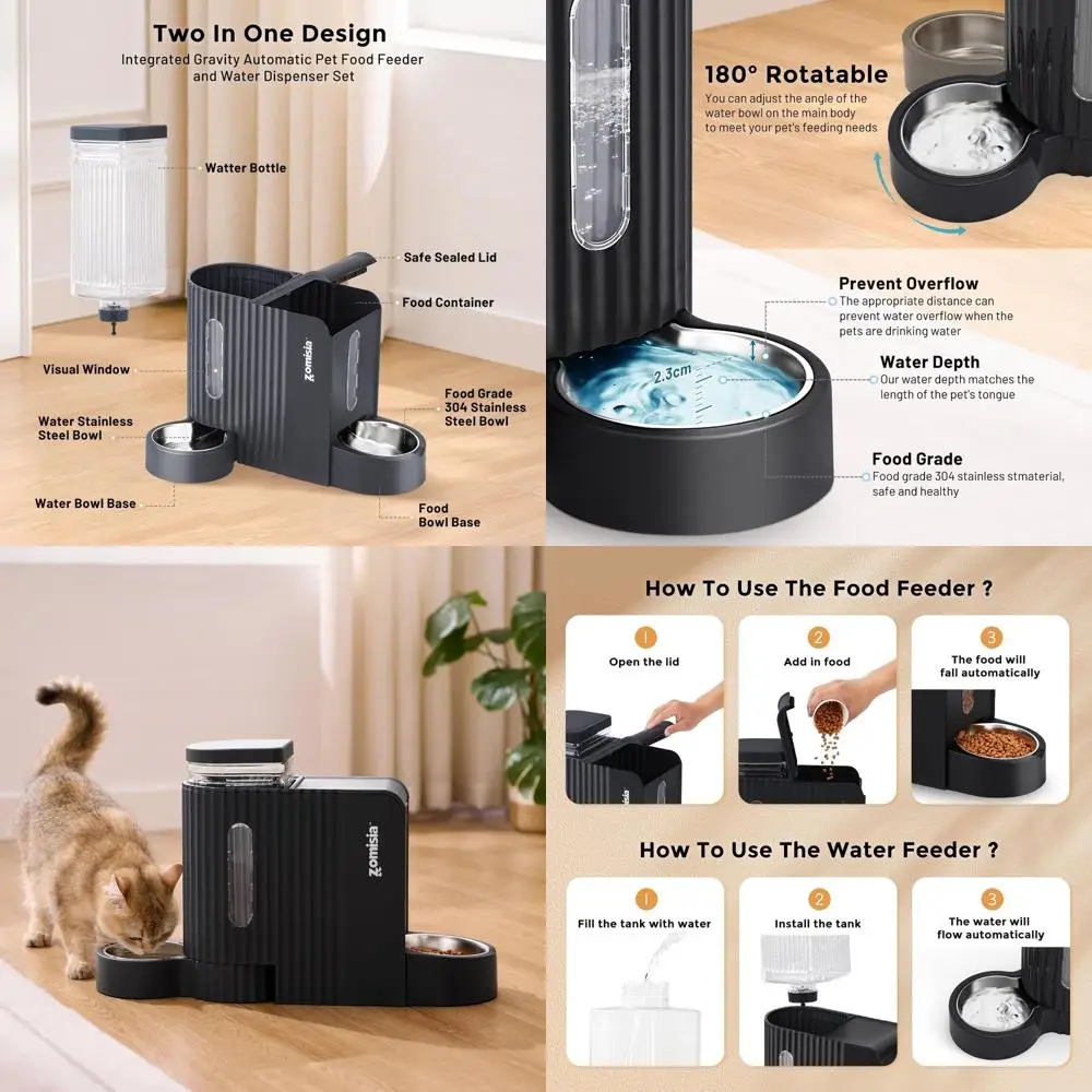 

Gravity Cat Feeder and Water Dispenser with 304 Stainless Steel Bowls, 2 in 1 Automatic Cat Feeder with 180 Degree Rotatable Wat