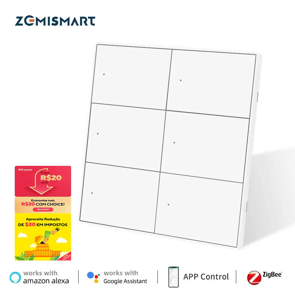 Zemismart Tuya Zigbee 6 Gangs Push Button Wall Light Switches with Neutral Interruptor Alexa Google Home Smartthings App Control