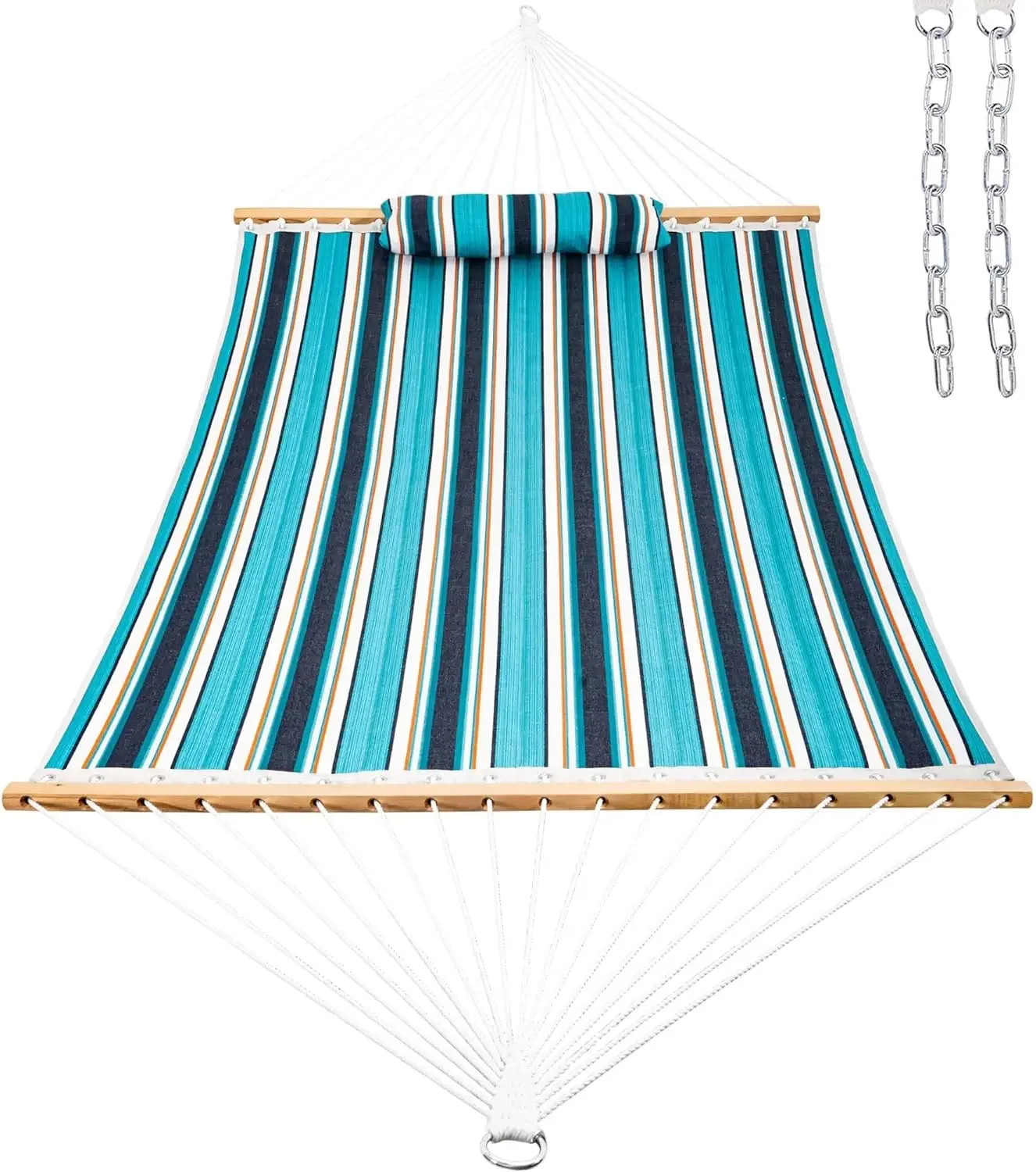 Fade Resistant, Hammock, Double Size Quilted Hammock with Hardwood Spreader Bar and Bolster Pillow for Two Person