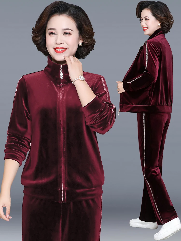 

Spring Outfit Velvet Sportswear Set for Middle-Aged Women Loose Fit Long Pants Zipper Closure Regular Sleeve Pure Color
