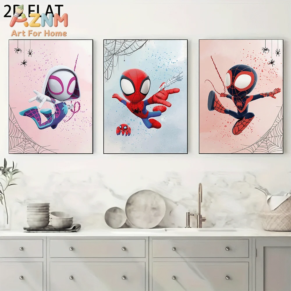 AZNM Cute 3D Cartoon Spider-Verse Canvas Wall Art Frameless Poster Spider-Gwen Miles Morales Watercolor Splatter Superhero Print