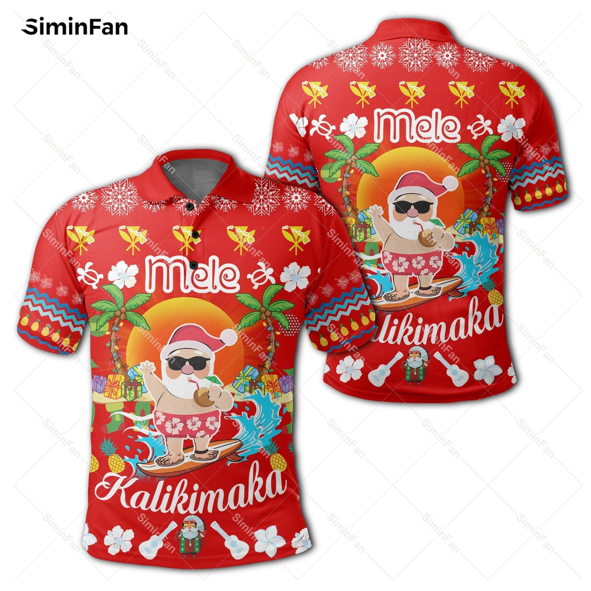 Mele Kalikimaka Hawaii Christmas Santa 3D Printed Polo Shirts Mens Tennis Tshirt Summer Turndown Collar Tee Unisex Female Tops-1