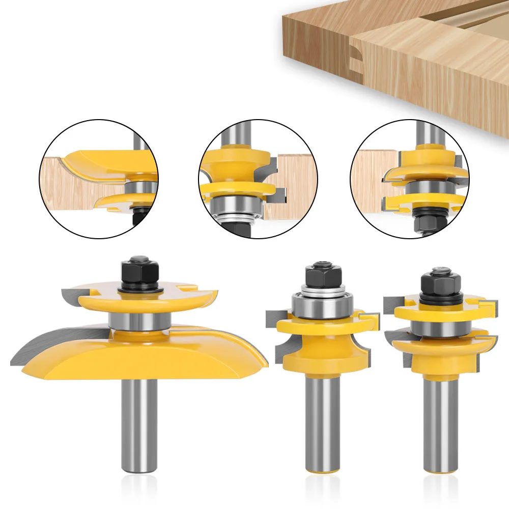

3PC/Set 1/2" 12.7MM Shank Milling Cutter Wood Carving Round Over Rail & Stile Cove Panel Raiser Router Bit Set Tenon Cutter Wood