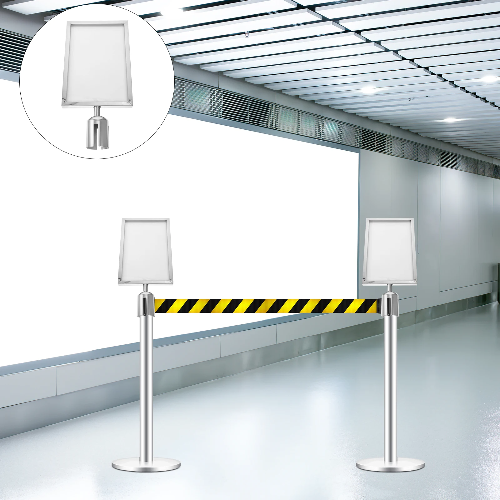 1M Retractable Belt Stanchion Sign Holder A4 Size Queue Barrier Crowd Control Poster Display Frame Black Vertical Direction