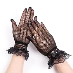 Guantes de malla con lazo de encaje para niños, elegantes guantes de boda con decoración de perlas de imitación, borde de volantes de rejilla, baile de graduación para mujer y novia