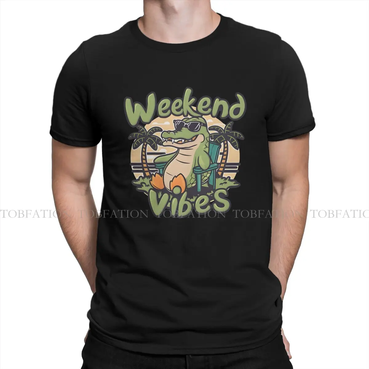 Weekend Vibes Crocodile Chilling In Beach Round Collar TShirt Crocodile Wild Animal Pure Cotton Basic T Shirt Men