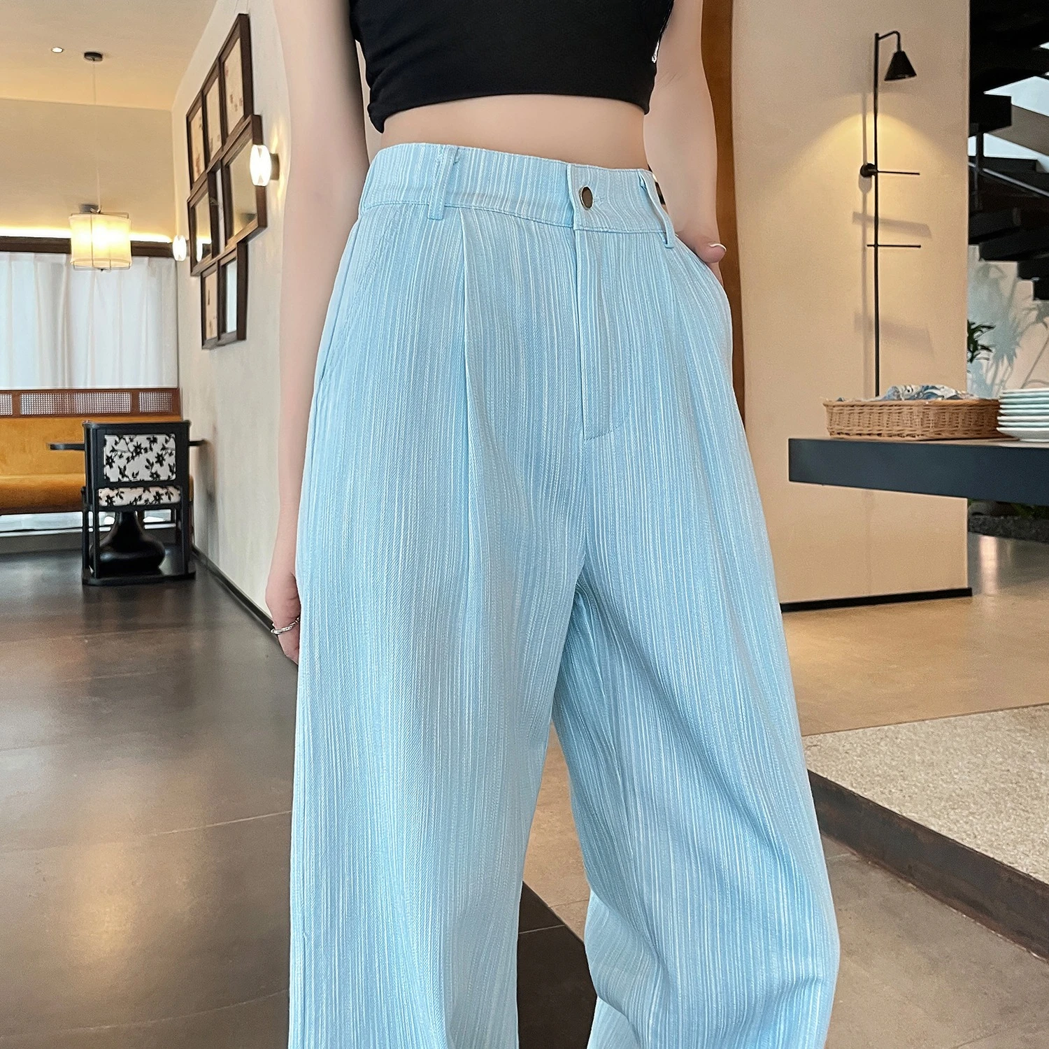 High Waist Blue Striped Suit Women's Wide Leg Pants Single Button Elegant Straight Loose Full Length Trousers Female 2025 New