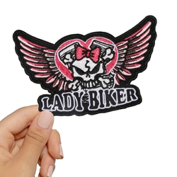 1PC Lady Biker Bow Skull Embroidered Patch Iron On Sew On Patches For Clothing Cap Bag Jacket DIY Gift Pink Streetwear Badge