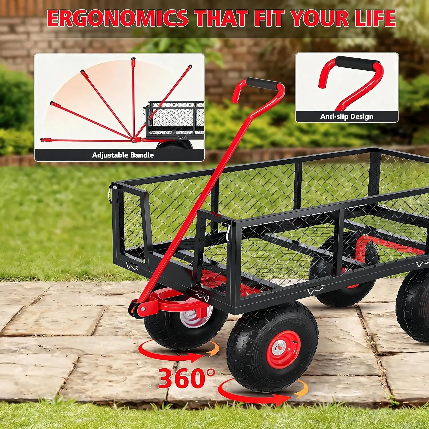 Tacleekii 500lbs 900lbs Steel Garden Cart Wagon Wheelbarrow Yard Cart-Black&Red | Heavy Duty,10