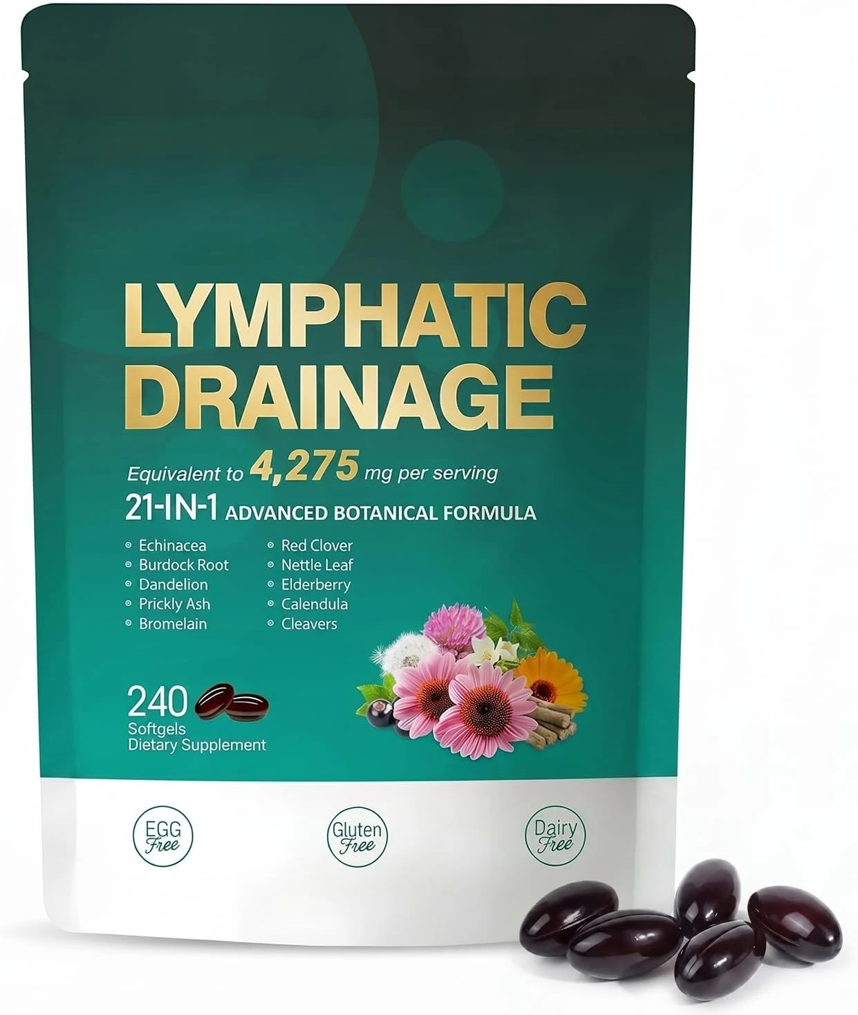 21-in-1 Lymphatic Drainage Capsules, 4275mg Natural Dandelion Burdock Turmeric Bromelain Echinacea Complex, 240 Vegan Capsules