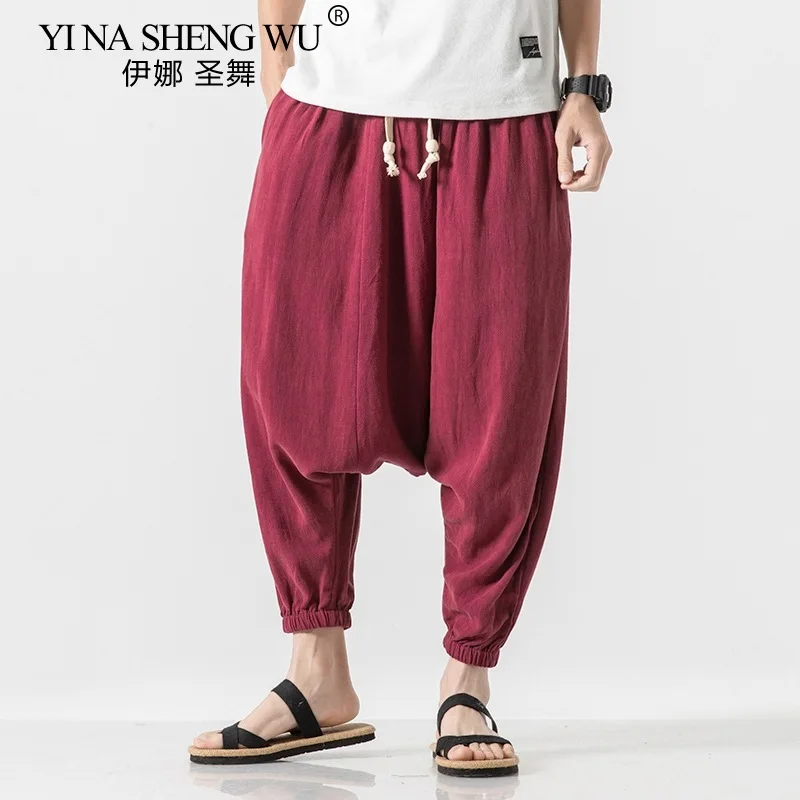 2024 Summer Men Plus Size Casual Harem Pants Vintage Loose Cotton Linen Wide Leg Pants Men Elastic Waist Pantalones Trousers