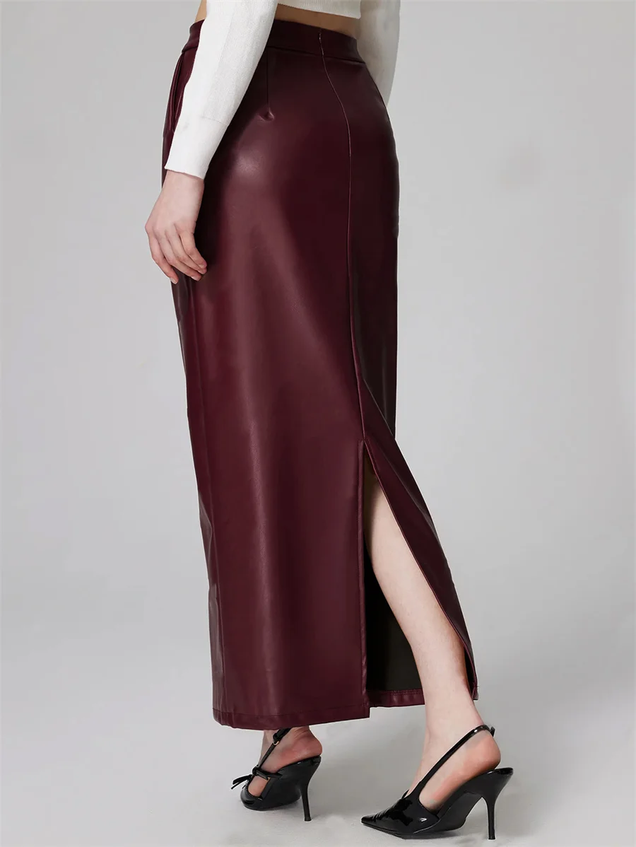 Benuynffy Autumn Winter Faux PU Leather Skirt Women's Elegant High Waist Bodycon Slim Back Slit Straight Skirts with Pockets