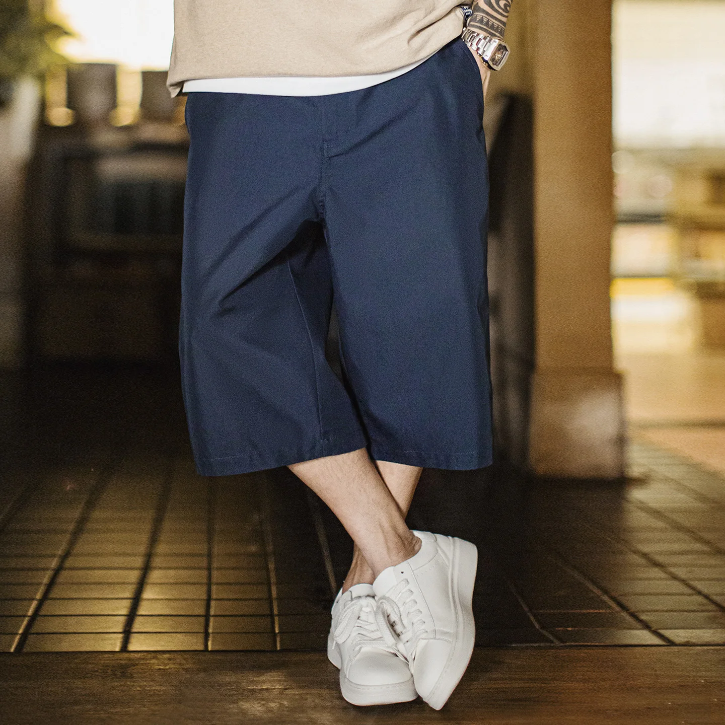 Maden Men's 718 Summer Casual Shorts Japanese Style Solid Color Loose Fit Straight Leg Zipper Fly Commuter Workwear Pants