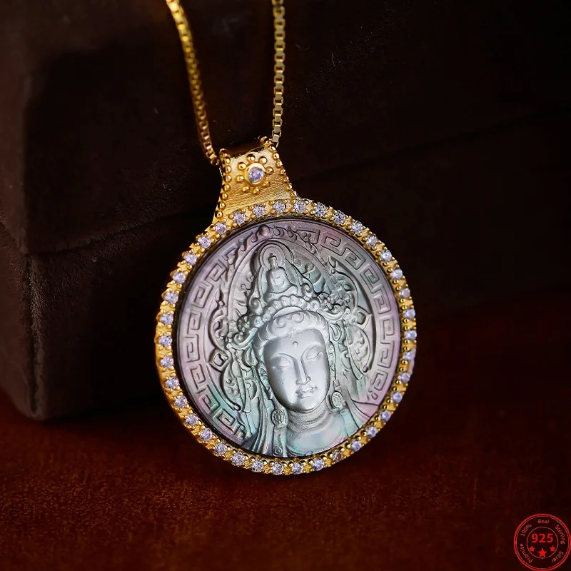

S925 Sterling Silver Pendants for Women Men Relief Black Shells Avalokitesvara Micro Inlay Zircon Gilded Charm Jewelry Wholesale