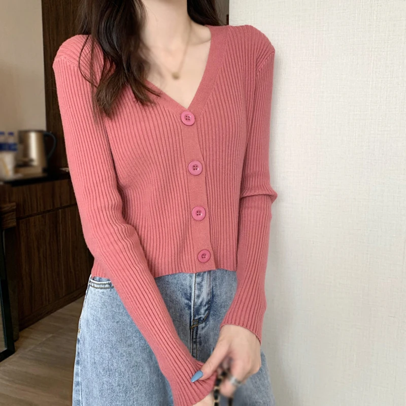 Women's Cardigan Slim Fit Short Sweater Knitwear V-neck Long Sleeve Single Breasted Casual Versatile Sweater 2023 Autumn Winter