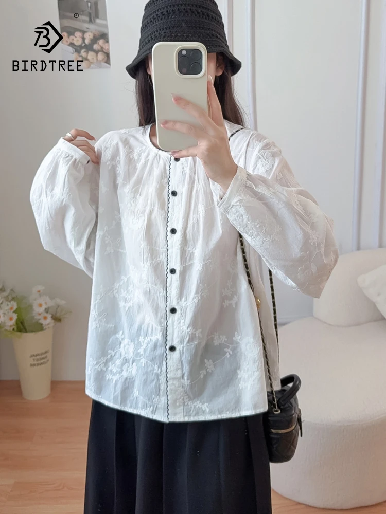 

Новая осенняя хлопковая рубашка с длинным рукавом 2025, женская вышивка с круглым вырезом, универсальная французская свободная блузка Mori Girl T59681CC