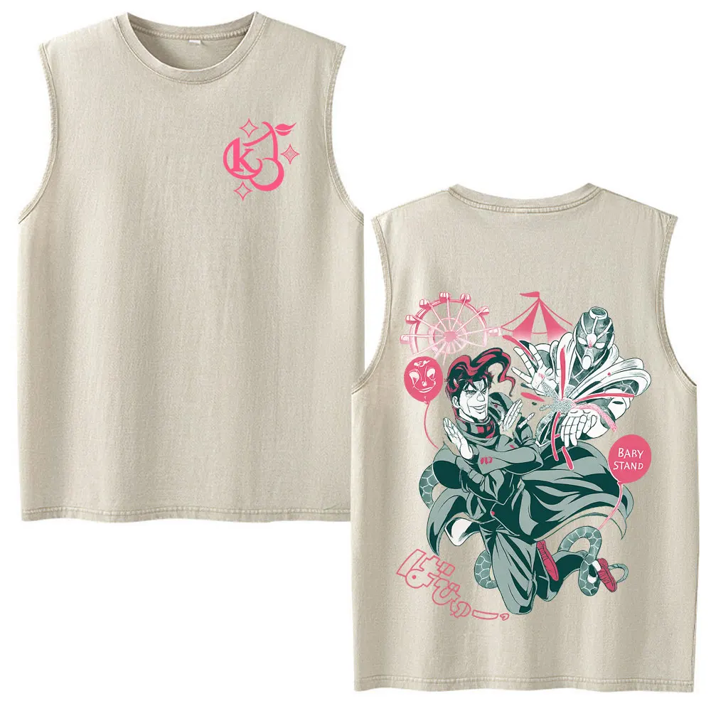 Anime Jojo Bizarre Adventure Kakyoin Noriaki Jotaro Kujo Vintage Washed Tank Tops Men's Women Clothing Sleeveless Vest T-shirts