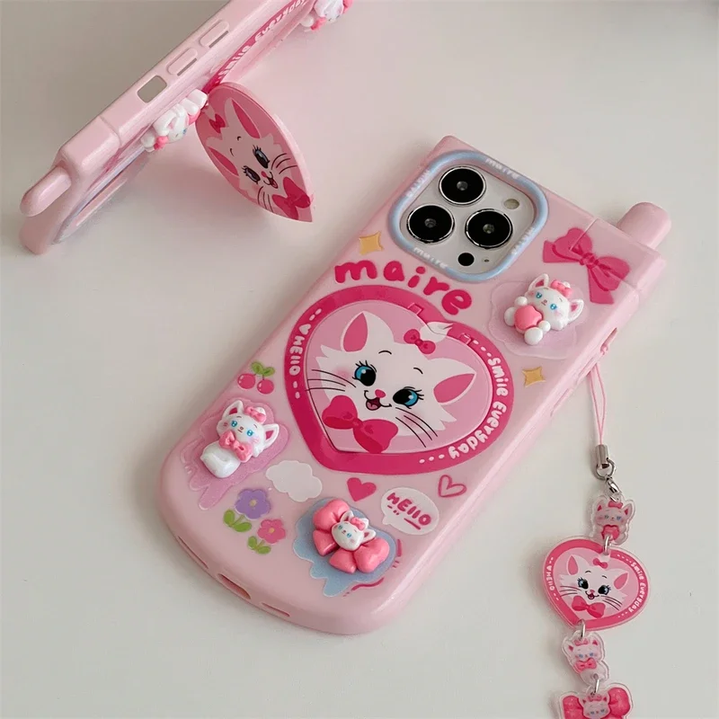 3d Schattige Cartoon Disney Marie Cat Hide Make-Up Spiegel Telefoonhoesje Voor Iphone 15 14 13 12 11 Pro Max Zachte Tpu Hoes Met Lanyard