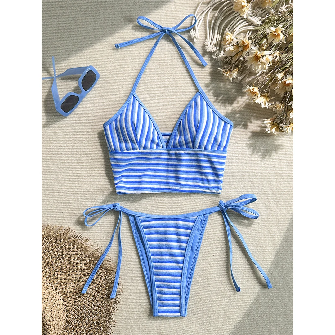 Gestreifter Tankini mit V-Ausschnitt, Damen-Bikini, zweiteiliger Badeanzug, gepolsterter Badeanzug, Badebekleidung, V8385 – Detail 8