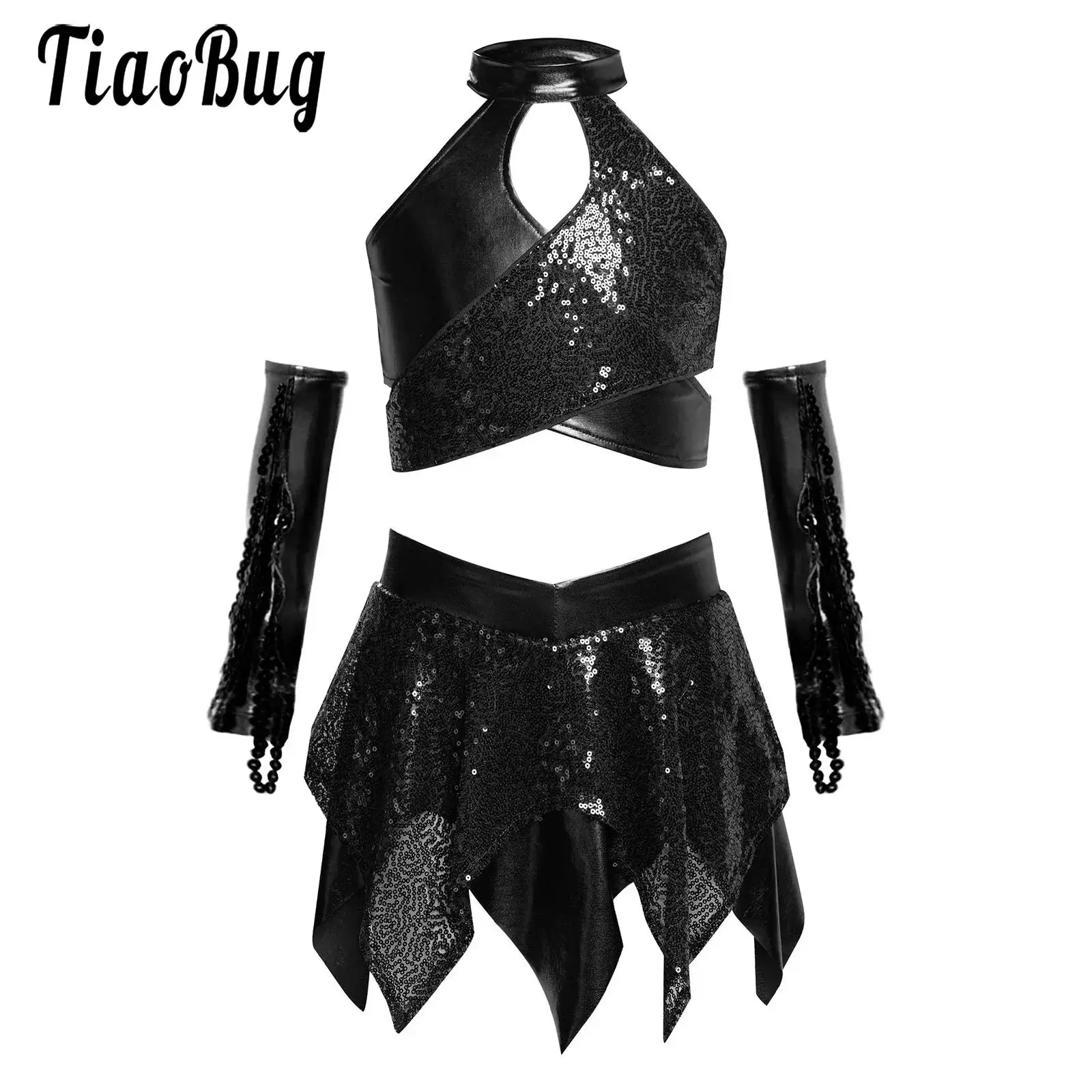 

Kids Girls Jazz Cha-cha Dance Outfit Performance Skating Latin Costume Dancewear Sparkly Sequins Crop Top with Skirt and Gloves