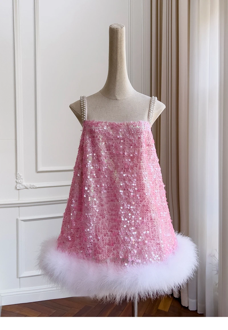 Lingzhi Wu French Luxury Pink Sequins Feathers Ladies Birthday Party Dress Formal Princess Pearls Spaghetti Strap Dresses Female