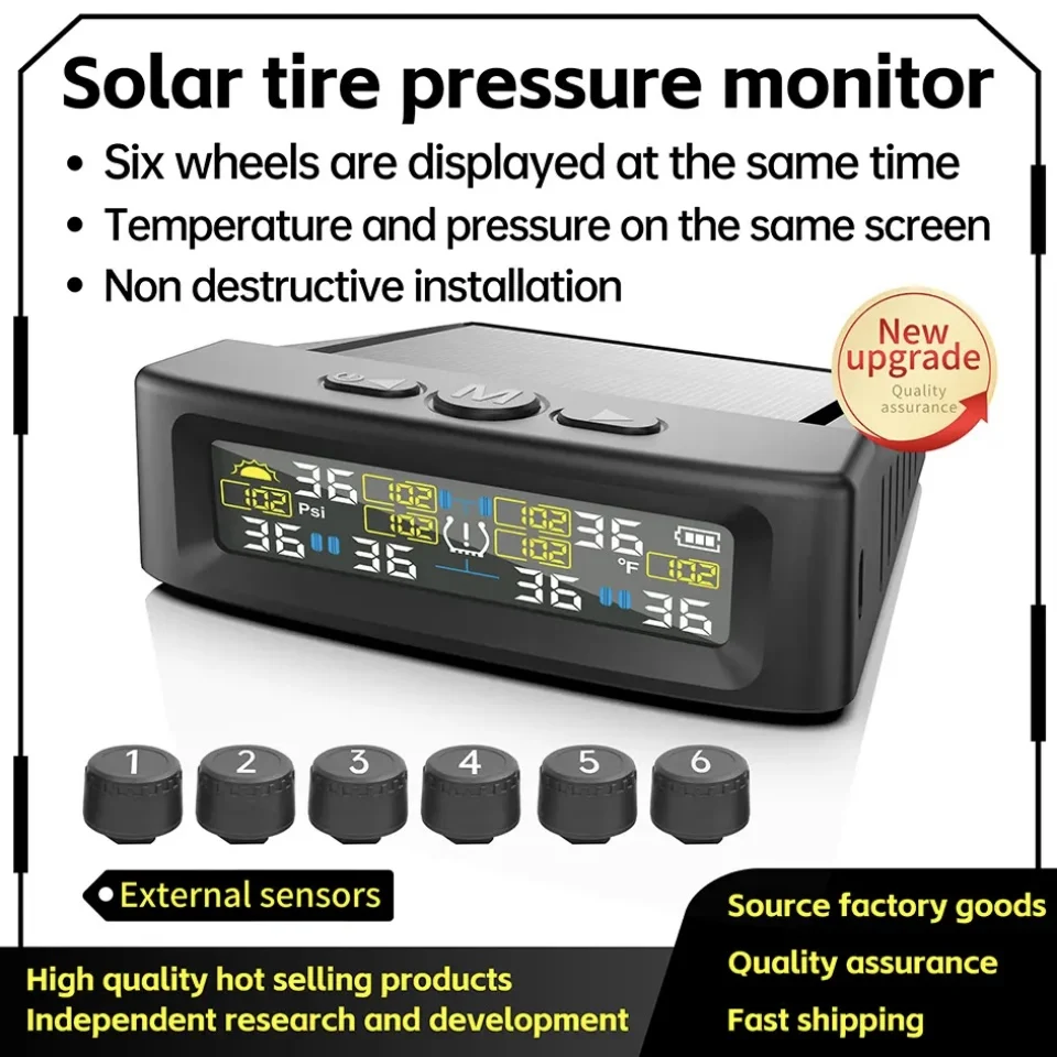 T12-6 Solar TPMS Car Tire Pressure Alarm Digital Colorful Display 6 External Sensor Waterproof Tire Pressure Temperature Warning