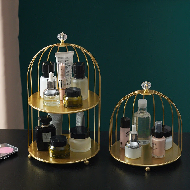 Metal Birdcage Cosmetic Storage Organizer Rack Shelf Nordic Gold Cake Cupcake Display Stand Holder Desktop Rack Holders Shelves