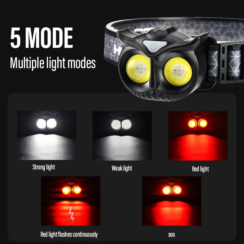 COB Owl Headlamp USB Rechargeable Headlight Waterproof Head Lamp 5 Working Modes Magnetic Rear with Hook Tent Hanging Lamp