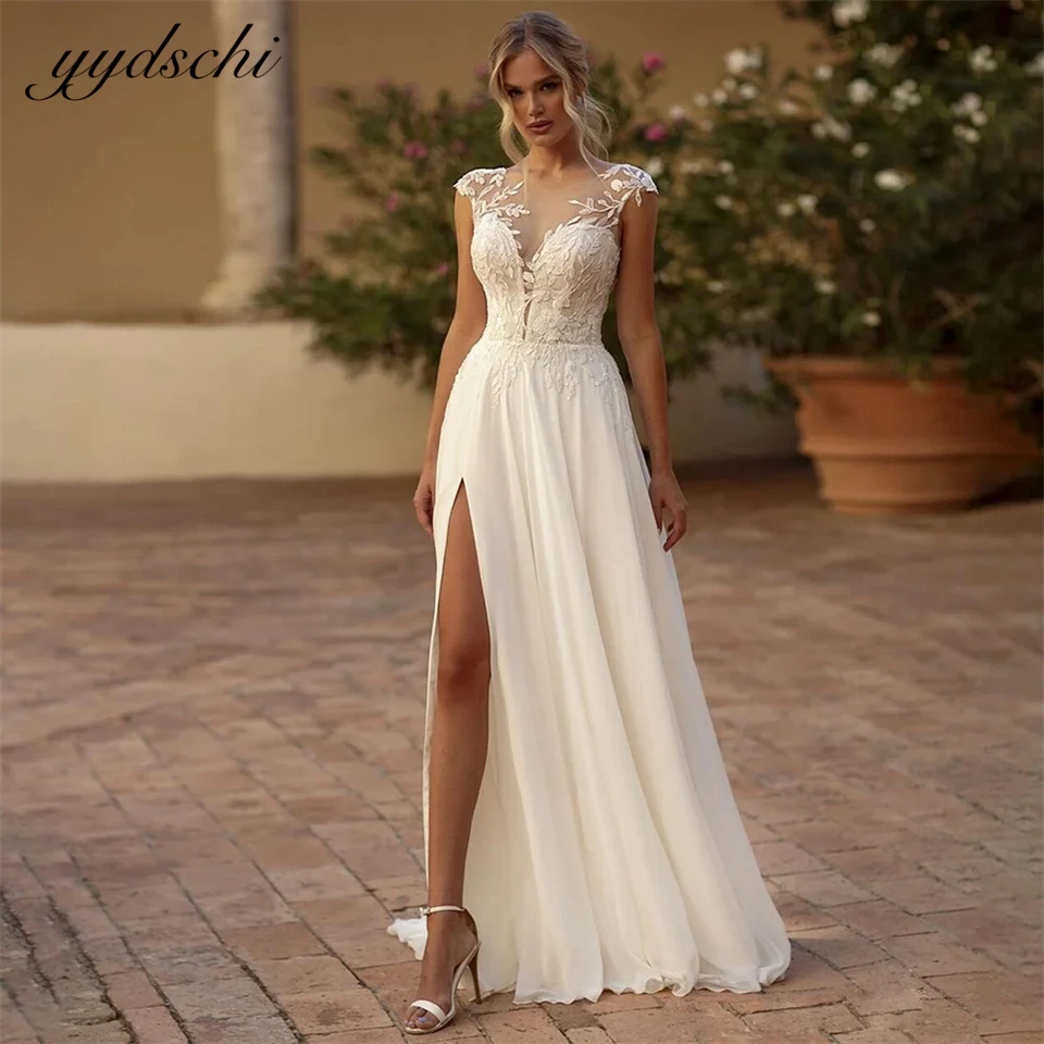 Personalizado sexy chiffon o-pescoço apliques mangas boné vestidos de casamento para mulher 2024 trem varredura vestidos de noiva novia