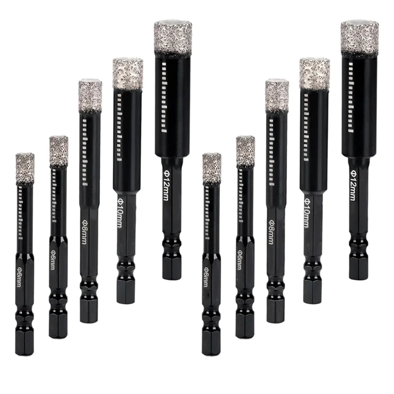 A98E-10-Pack Diamond Hole Saw Drill Bits Set ( 1/4, 5/16, 3/8, 1/2 Inch ) - 1/4 Hex Shank Core Drill Bits For