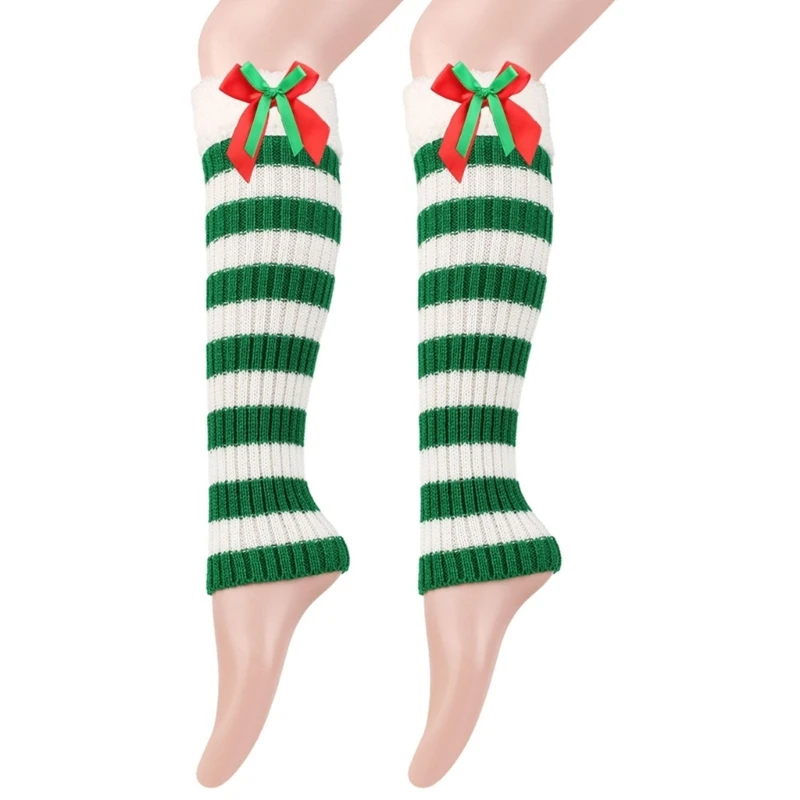 

Acrylic Knit Striped Christmas Leg Warmers Women Warm Plush Trim Bows Boot Cover Dropshipping