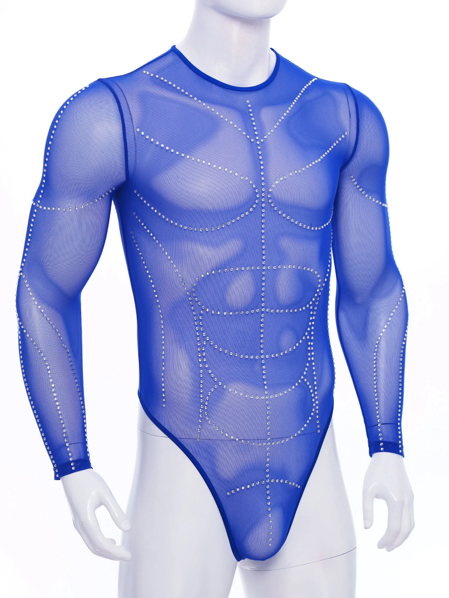 Mens Sexy Ultra-thin Slim Fit Sheer Mesh Bodysuit Long Sleeve Rhinestone Shaping Muscle Lines Leotard Jumpsuit for Body Showing