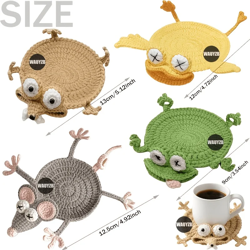Animal Crochet Coasters, Cute 3D DIY Squirrel, Mouse, Frog, Duck Coffee Cup Mat, Handwoven Finished Home Amigurumi Gift