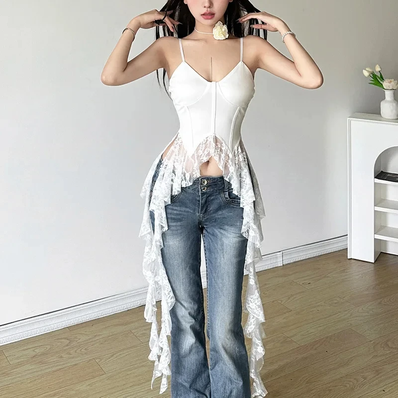 MEXZT Y2K Irregular White Tank Top Women Sexy Lace Ruffles Backless Black Corset Summer Gyaru Streetwear Grunge Bandage Camis