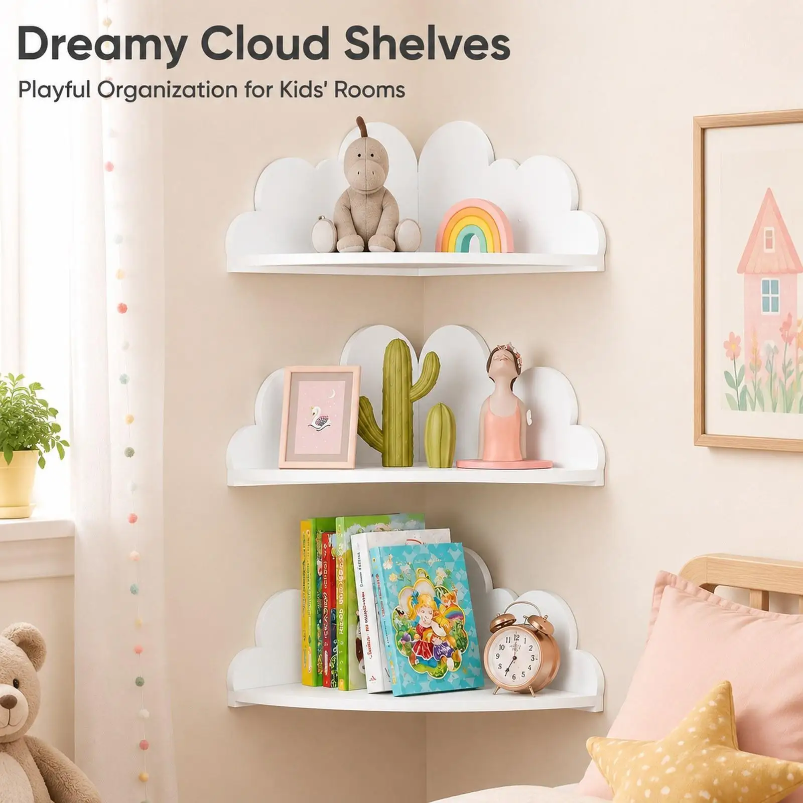 3Pcs Cloud Floating Corner Shelves Wall Mounted Corner Shelves Modern Corner Wall Shelf for Kids Room Toys Nursery Farmhouse