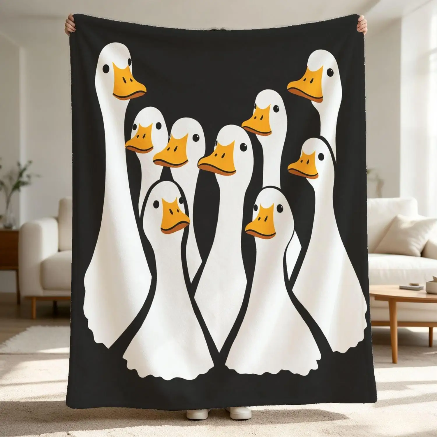 [Flannel Blanket] Cartoon White Goose Pattern Blanket, Simple and Fun Print, Gift for Those Who Love Geese, Warm Home Decoration