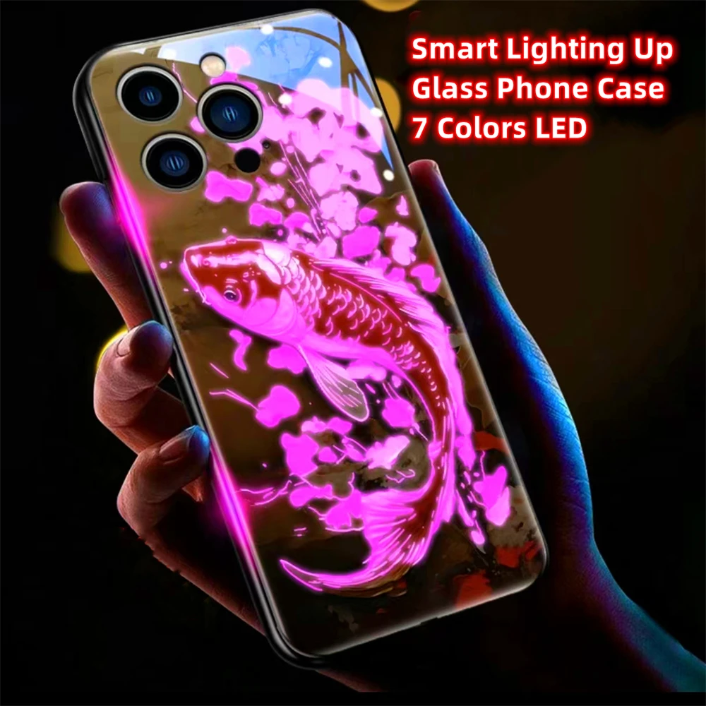 Lucky Koi Carp Fish Design Led Light Phone Case Call Flash Glitter Cover For iPhone Air 17 16 15 14 13 12 11 Pro Max Plus view 6
