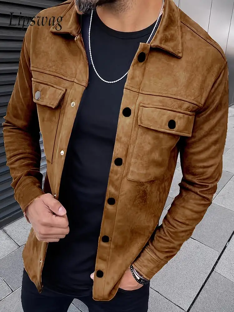 

Streetwear Mens Jacket Coat Vintage Turn-down Collar Suede Outerwear 2026 Spring Autumn Stylish Men Buttoned Solid Color Jackets