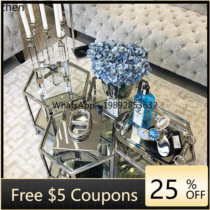 

simple tempered glass coffee table combination living room stainless steel hexagonal geometric corner table