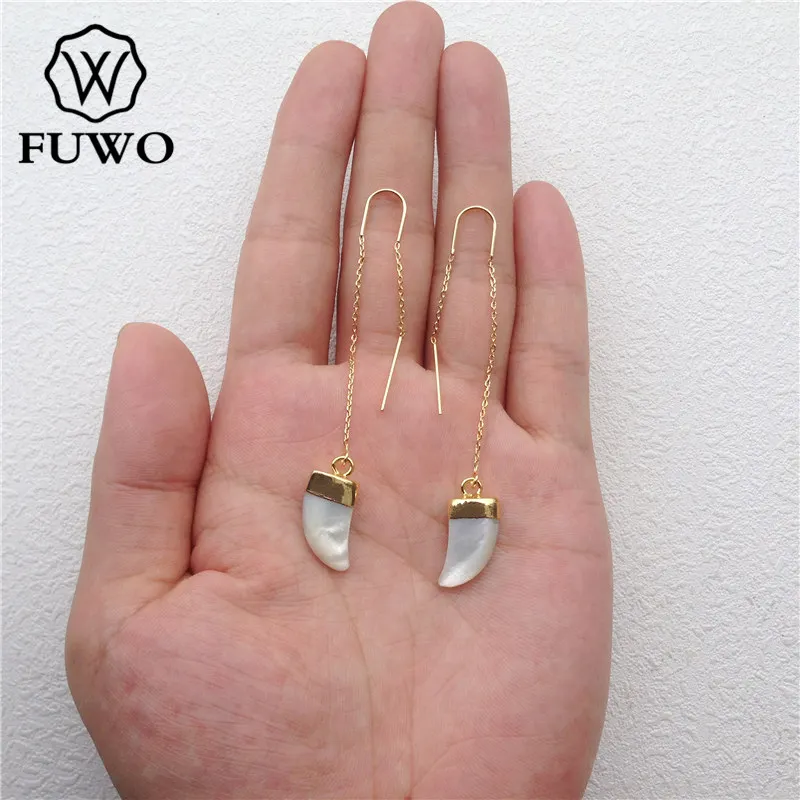 FUWO Wholesale Natural Freshwater Pearl Threader Earrings With Golden Plated Shell Horn Jewelry Gift For Women 5Pairs/Lot ER537