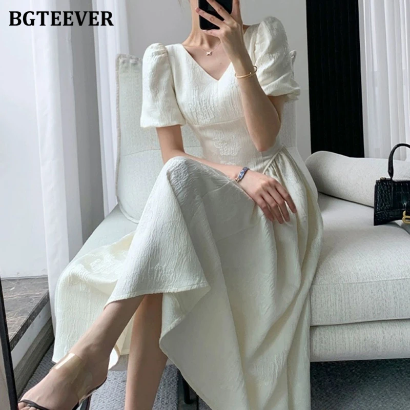 BGTEEVER Vintage Puff Sleeve Women Mid-Length Dress Summer V-neck Slim Waist Female A-line Dress Elegant Ladies Solid Dress