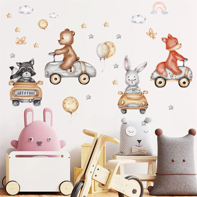 Animals Bear Rabbit Balloon Wall Stickers for Children Kids Rooms Girls Boys Baby Room Bedroom Decoration pegatinas de pared