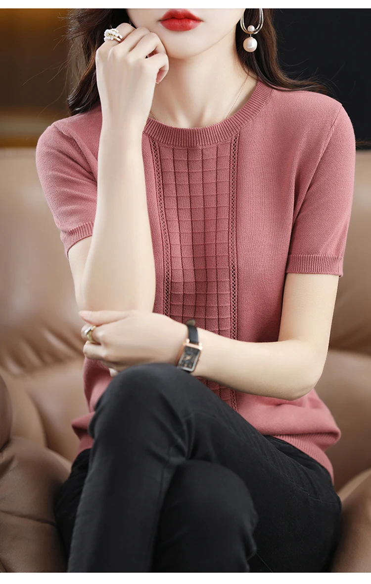 Women's T-Shirt Summer New 100% Cotton Pullover Short Sleeve Casual Solid Color Knit Crew Neck Ladies Tops Tees Blouse