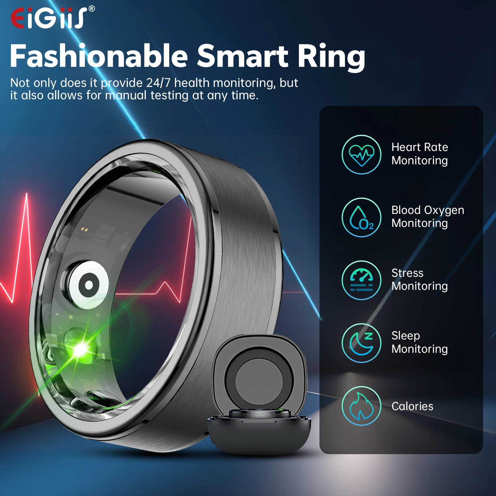 

EIGIIS Smart Ring with Charging with Multiple Sport Modes Sleep Heart Rate Monitor Step Counter Calorie Tracker Life Smart Ring